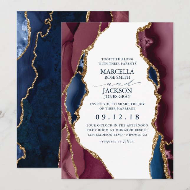 Navy, Burgundy & Gold Agate Wedding Invitation (Front/Back)