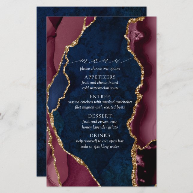 Navy, Burgundy & Gold Agate Wedding Menu (Front/Back)
