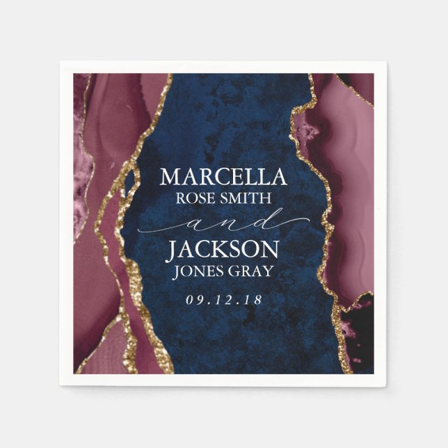 Navy, Burgundy & Gold Agate Wedding Napkin (Front)