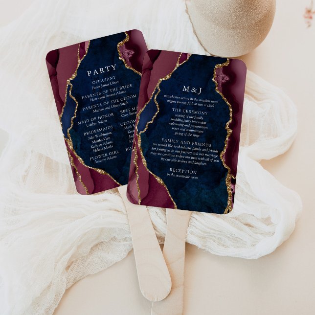 Navy, Burgundy & Gold Agate Wedding Program Hand Fan (Creator Uploaded)