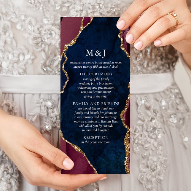 Navy, Burgundy & Gold Agate Wedding Program Rack Card (Creator Uploaded)