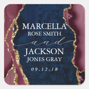 Navy, Burgundy & Gold Agate Wedding Square Sticker
