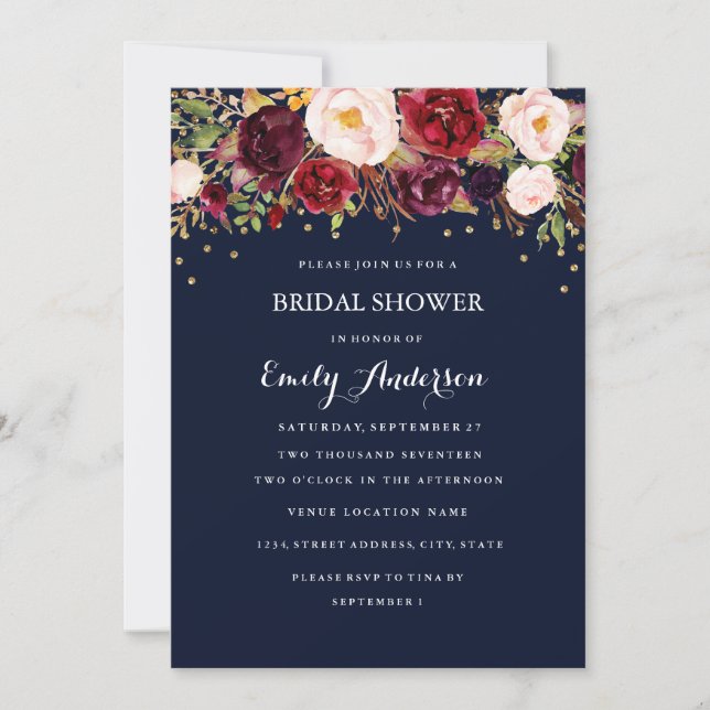 Navy Burgundy Gold Confetti Floral Bridal Shower Invitation (Front)