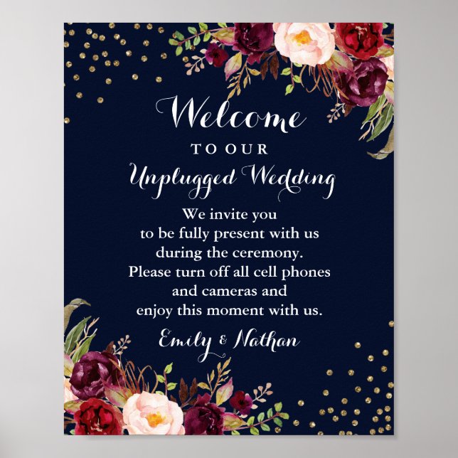 Navy Burgundy Gold Floral Unplugged Wedding Sign (Front)