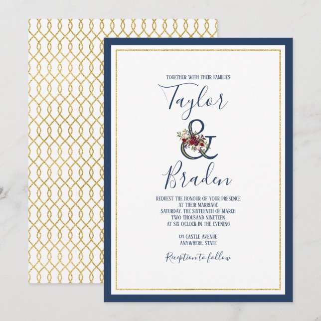 Navy + Burgundy + Gold Floral Wedding Invitation (Front/Back)