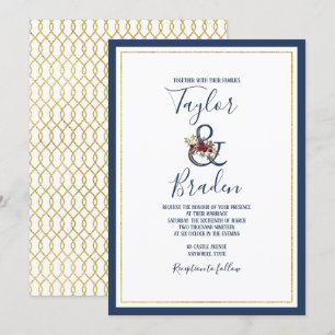 Navy + Burgundy + Gold Floral Wedding Invitation
