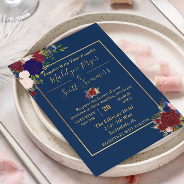 Navy Burgundy Gold Frame Gold Wedding Invitation (Creator Uploaded)