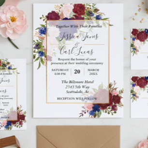 Navy Burgundy Gold Frame Gold Wedding Invitation Flyer