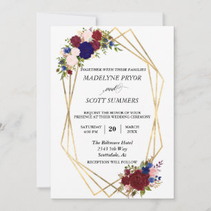 Navy Burgundy Gold Frame Gold Wedding Modern Invitation