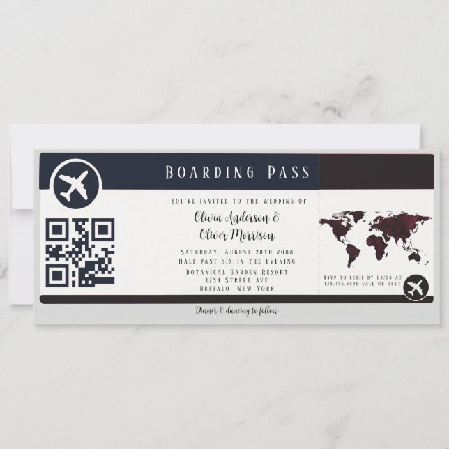 Navy Burgundy Map Boarding Pass Wedding Invitation (Front)