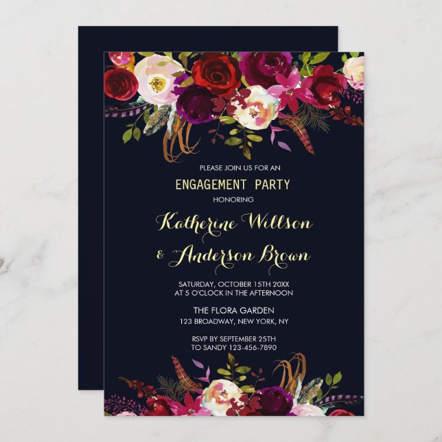 Navy Burgundy Marsala Boho Fall Engagement Party Invitation (Front/Back)