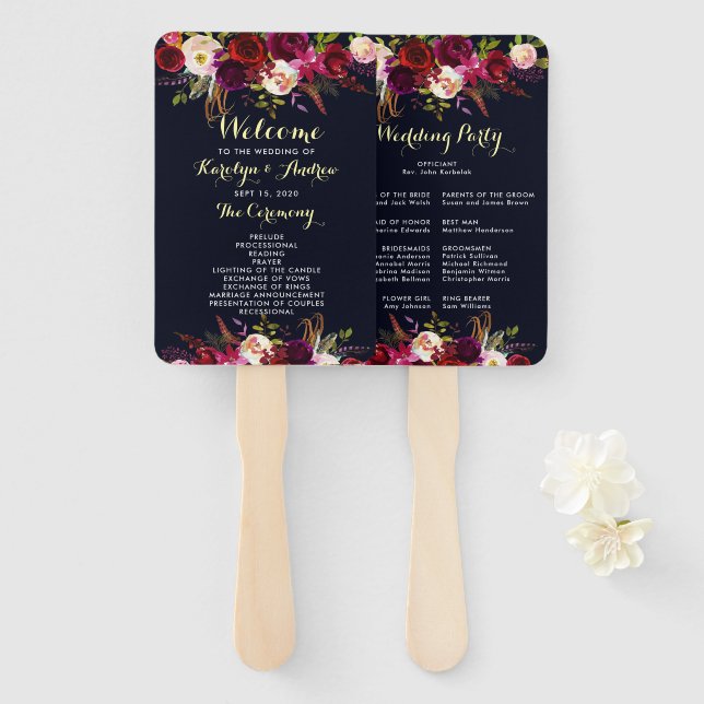 Navy Burgundy Marsala Boho Floral Wedding Program Hand Fan (Front and Back)