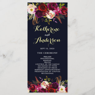 Navy Burgundy Marsala Boho Floral Wedding Program Programme