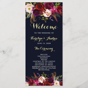 Navy Burgundy Marsala Boho Floral Wedding Program Programme