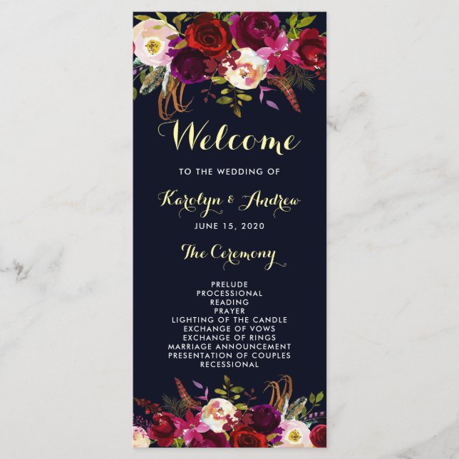 Navy Burgundy Marsala Boho Floral Wedding Program Programme (Front)
