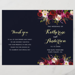 Navy Burgundy Marsala Boho Folded Wedding Program