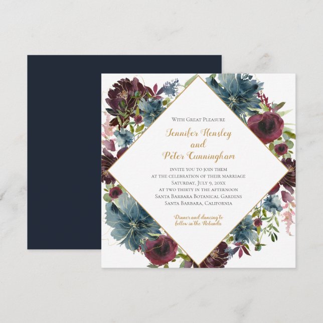 Navy Burgundy Marsala Gold Floral | Square Wedding Invitation (Front/Back)