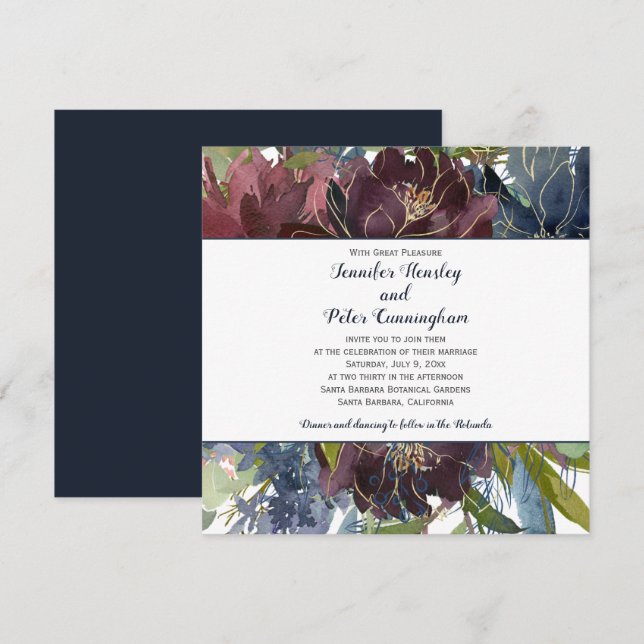 Navy Burgundy Marsala Gold Floral | Square Wedding Invitation (Front/Back)