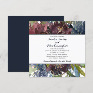 Navy Burgundy Marsala Gold Floral   Square Wedding Invitation