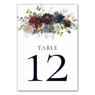 Navy Burgundy Marsala Gold Greenery Wedding Table Number