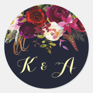 Navy Burgundy Marsala Rustic Boho Floral Monogram Classic Round Sticker