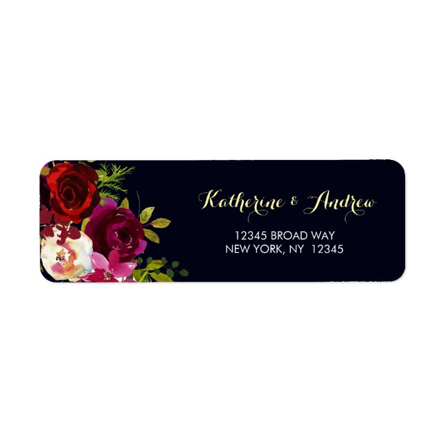 Navy Burgundy Marsala Watercolor Floral Address (Front)