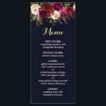 Navy Burgundy Marsala Wedding Menu Card<br><div class="desc">Bohemian style wedding menu card featuring watercolor illustration of burgundy,  red and pink peonies and roses with feathers accent. Matching items are also available. Please click the "Customise" button to change fonts,  sizes and colours.</div>