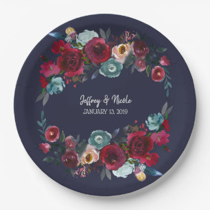 Navy Burgundy Merlot Floral Wedding Dinner Paper Plate