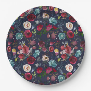 Navy Burgundy Merlot Floral Wedding Dinner Paper Plate