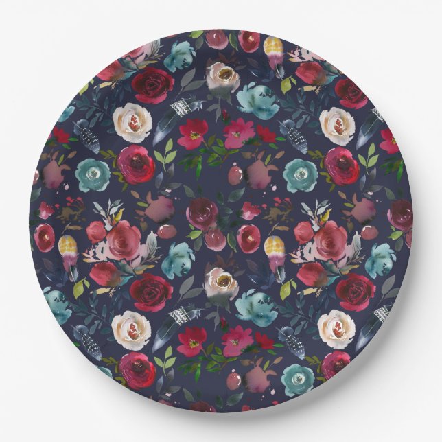 Navy Burgundy Merlot Floral Wedding Dinner Paper Plate (Front)