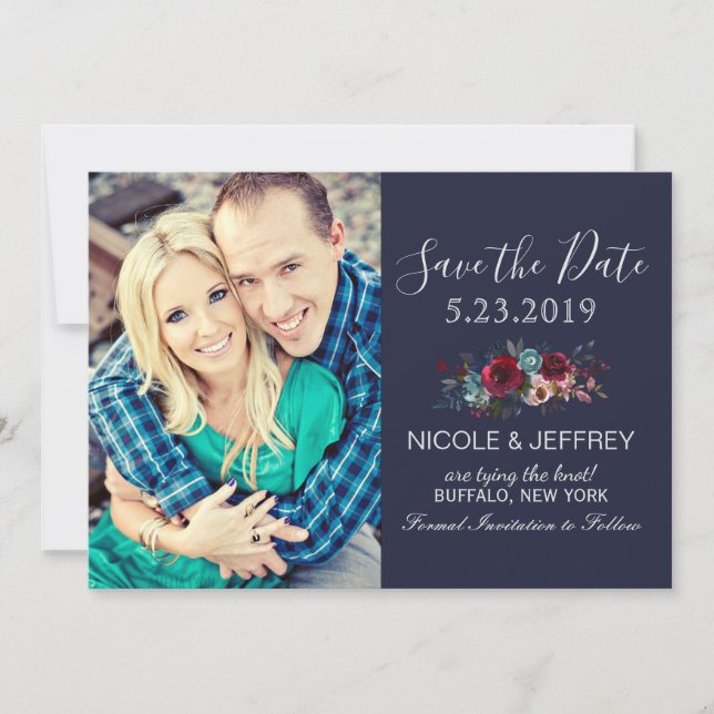 Navy Burgundy Merlot Floral Wedding Save the Date (Front)