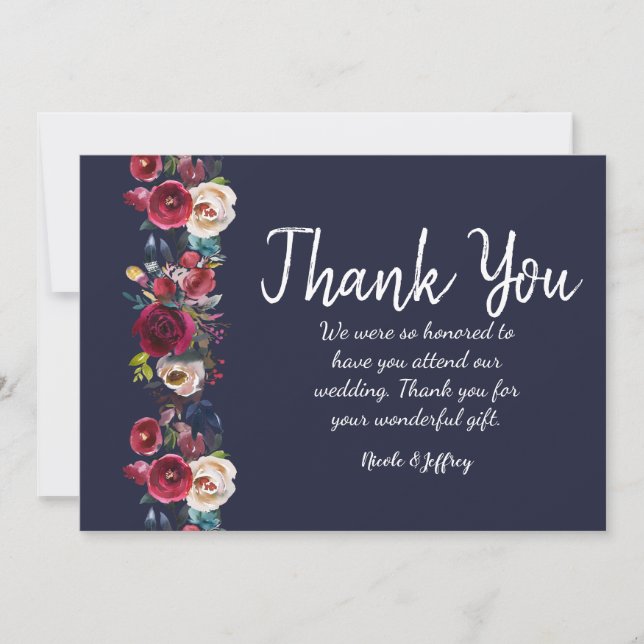 Navy Burgundy Merlot Floral Wedding Thank You Card (Front)