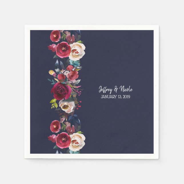 Navy Burgundy Merlot Wedding Reception Dinner Napkin (Front)