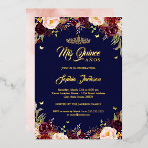 Navy Burgundy Mis Quince Floral Quinceanera 