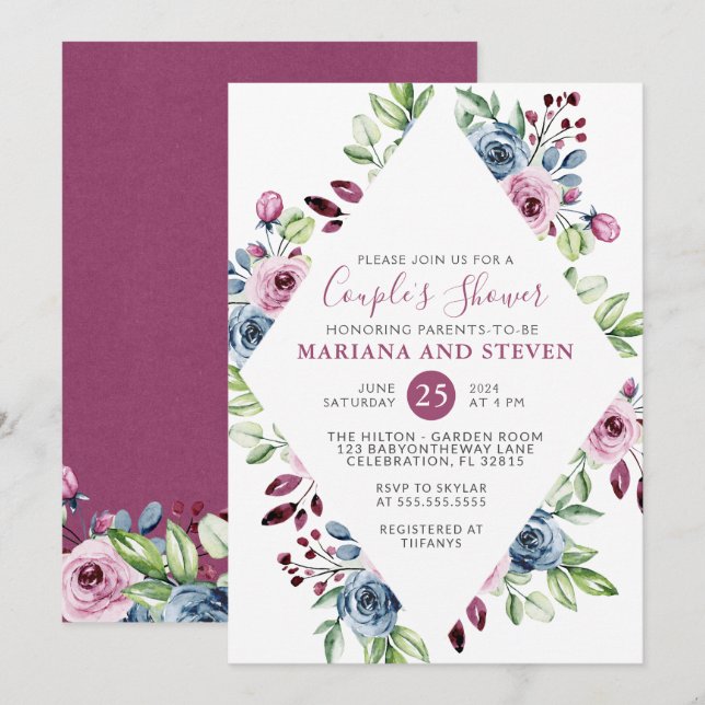 Navy Burgundy Modern Floral Couples Baby Shower Invitation (Front/Back)