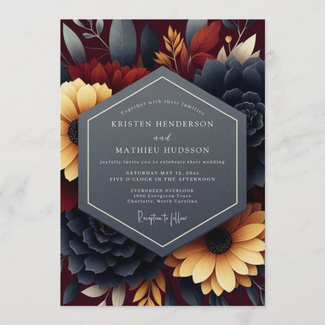 Navy Burgundy Moody Autumnal Wedding Invitation (Front)