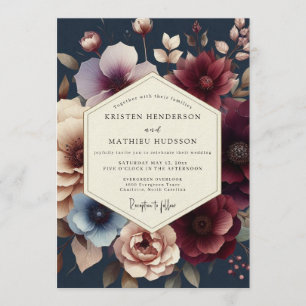 Navy Burgundy Moody Bloom Wedding Invitation