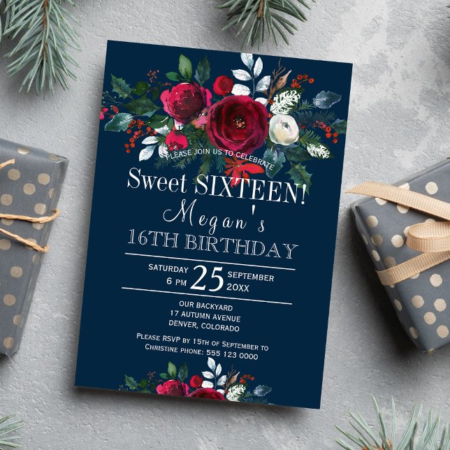 Navy burgundy peonies winter floral sweet sixteen invitation (Creator Uploaded)
