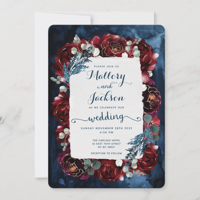 Navy Burgundy Peony Wedding Invitation Suite (Front)