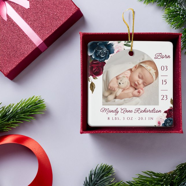 Navy Burgundy Pink Floral Baby Birth Stats Photo Ceramic Ornament (Navy Burgundy Pink Floral Baby Birth Stats Photo Ceramic Ornament)