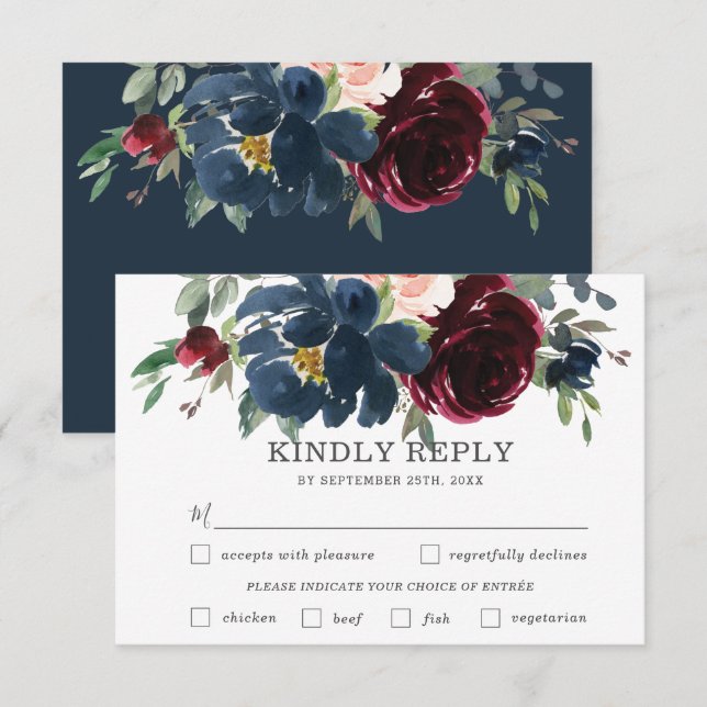 Navy Burgundy Pink Floral Wedding Meal Choice RSVP (Front/Back)