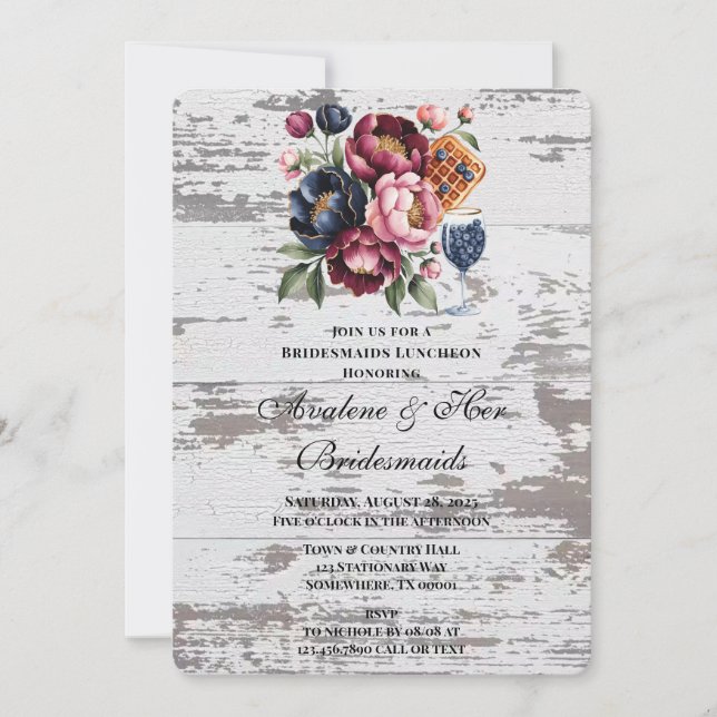 Navy Burgundy Pink Peony Wood Bridesmaids Luncheon Invitation (Front)