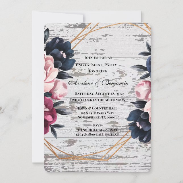 Navy Burgundy Pink Peony Wood Engagement Party Invitation (Front)