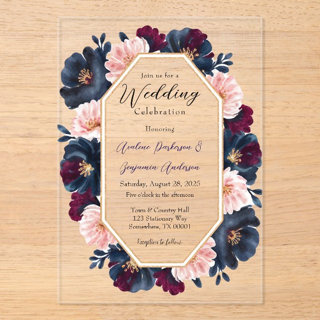 Navy Burgundy Pink Peony Wood Wedding Celebration Acrylic Invitations (Front)