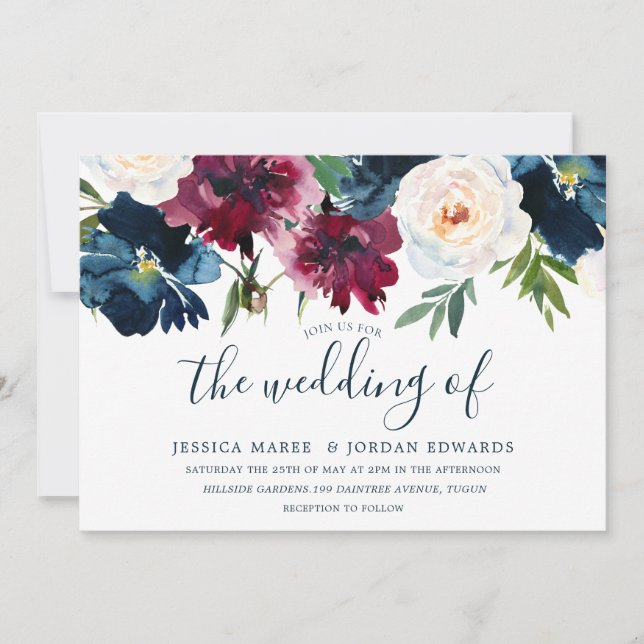 Navy Burgundy Red Burgundy Floral Modern Wedding Invitation (Front)