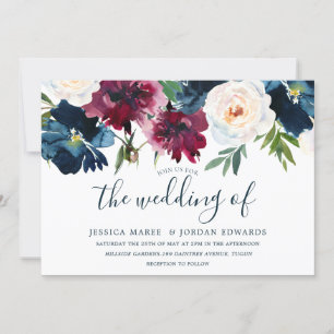 Navy Burgundy Red Burgundy Floral Modern Wedding Invitation