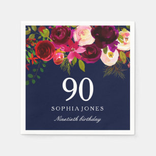 Navy & Burgundy Red Floral 90th Birthday Party Napkin