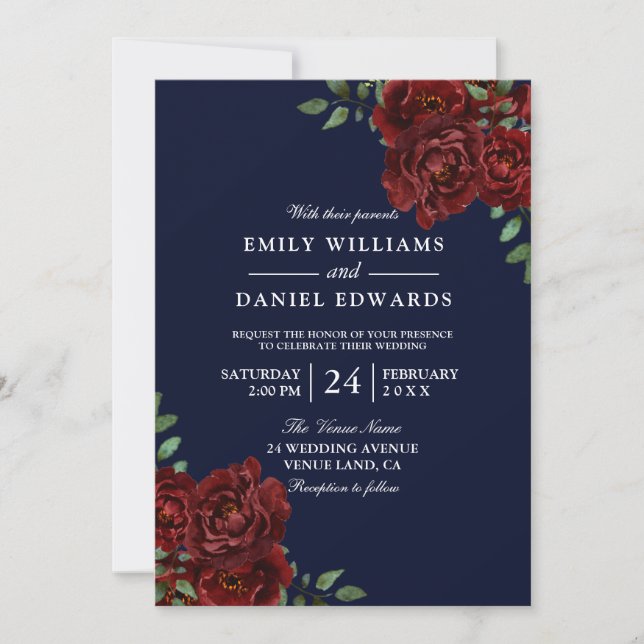 Navy & Burgundy Red Romantic Rose Wedding Invitation (Front)