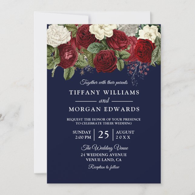 Navy & Burgundy Red White Rose Wedding Invite (Front)