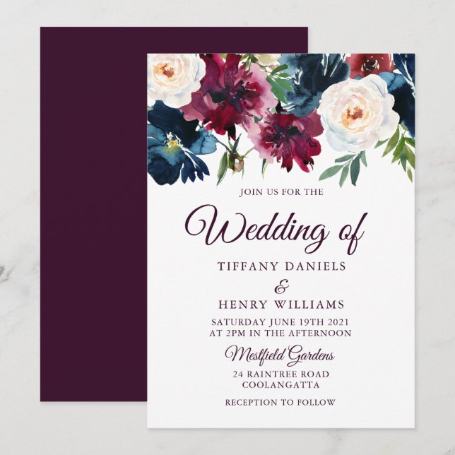 Navy & Burgundy Red Wine Flowers Elegant Wedding Invitation (Front/Back)